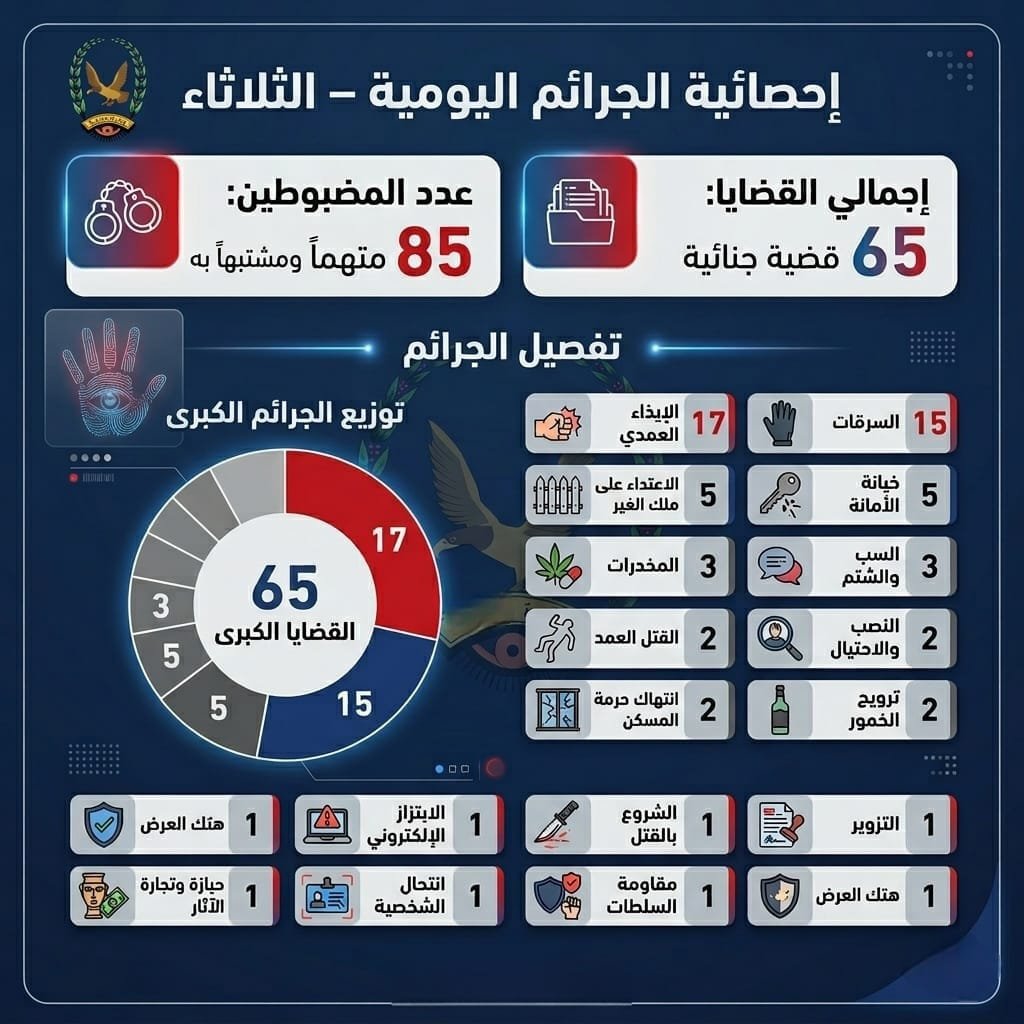 احتجار 85 متهما ومشتبها به بقضايا وجرائم جنائية مختلفة Image