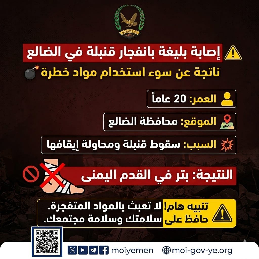 إصابة شاب بانفجار قنبلة يدوية أثناء خلاف أسري في الضالع Image