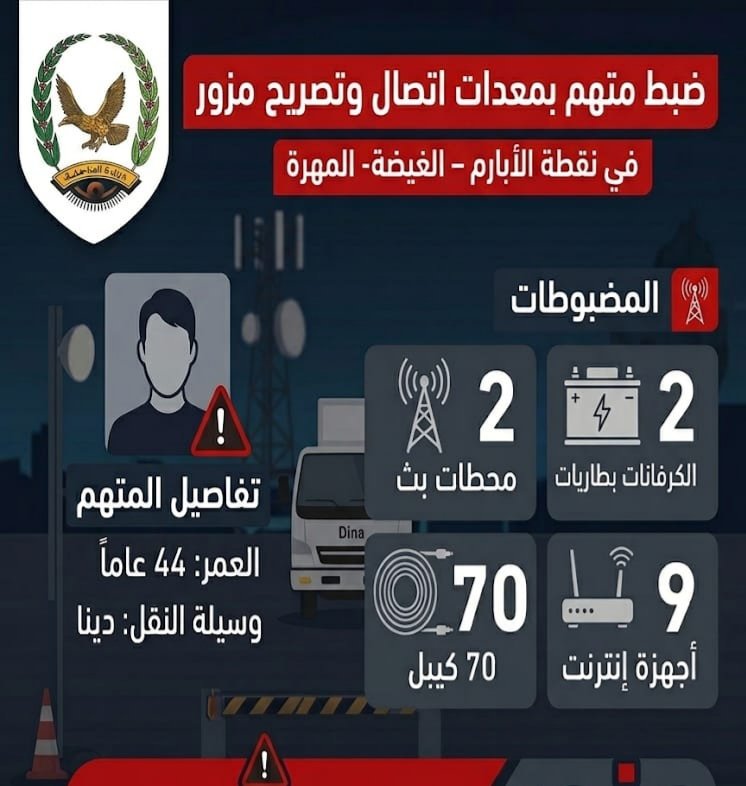 شرطة المهرة تضبط متهماً بحيازة معدات اتصال وتصريح مزور في الغيضة Image