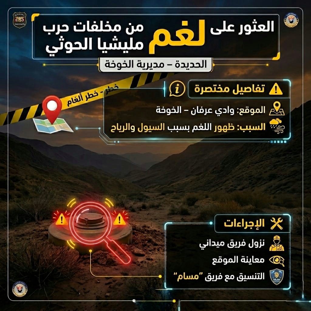 شرطة الحديدة تتعامل مع جسم من مخلفات مليشيا الحوثي في وادي عرفان بالخوخة Image