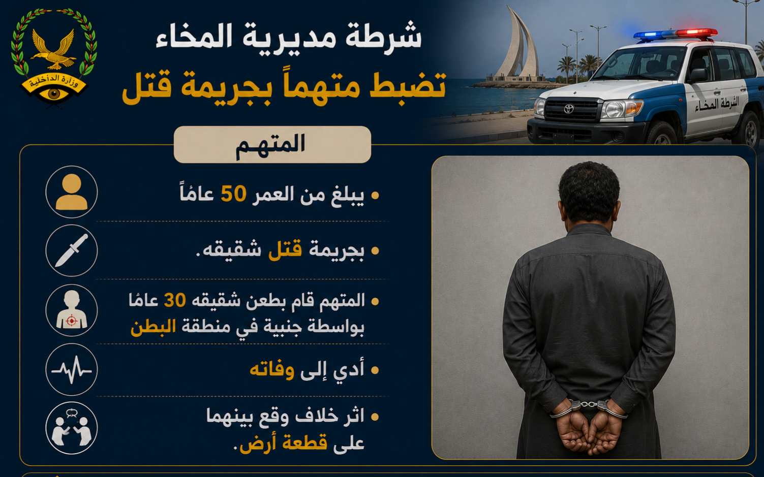 شرطة المخاء تضبط متهما بجريمة قتل شقيقه Image