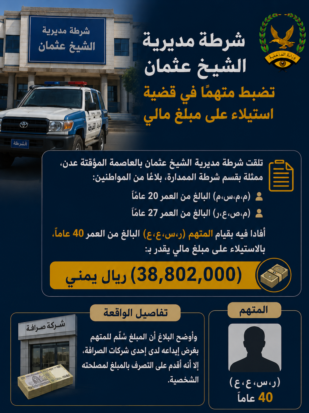 شرطة عدن تضبط متهماً بالاستيلاء على أكثر من 38 مليون ريال في قضية نصب واحتيال Image