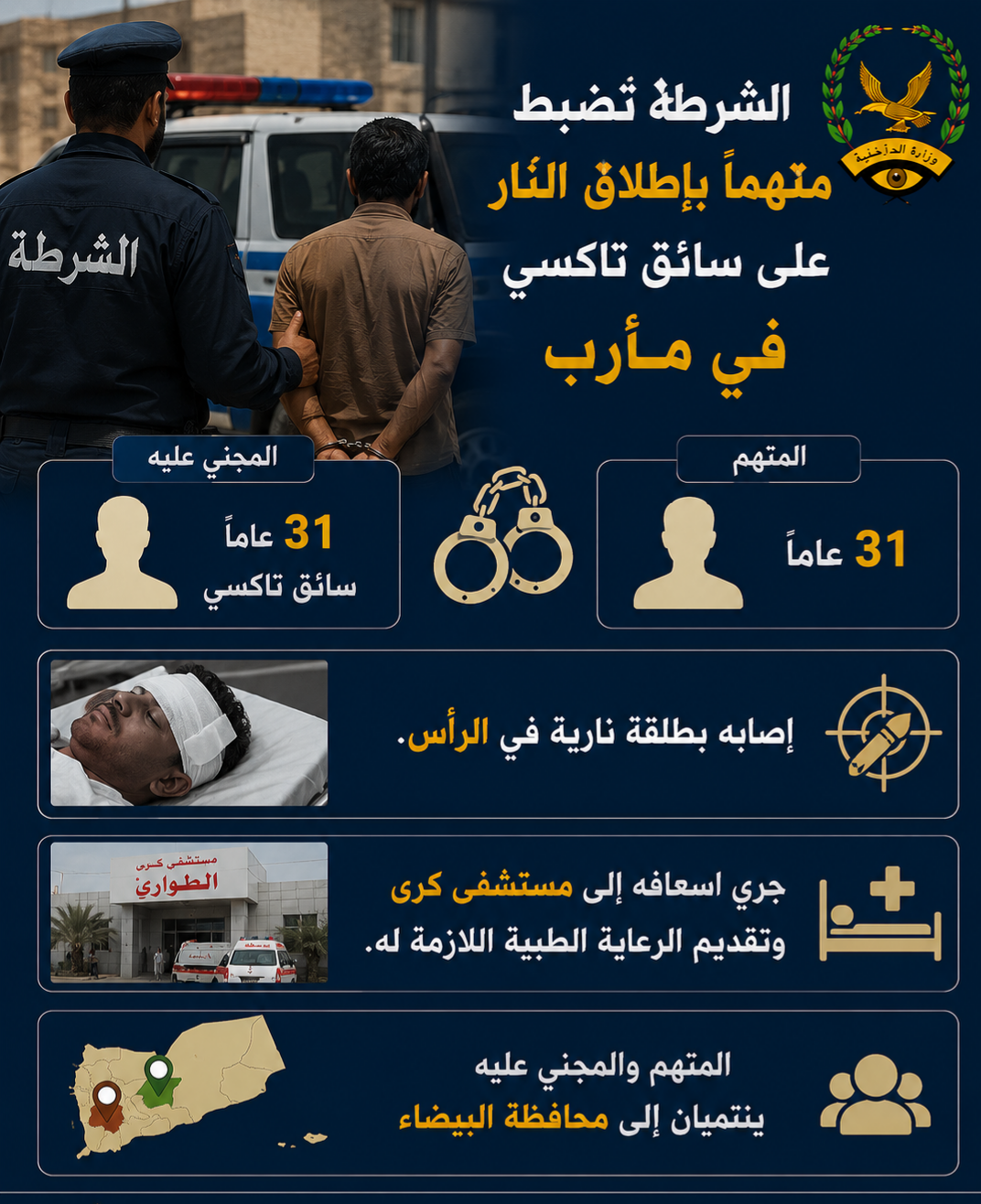 الشرطة تضبط متهماً بإطلاق النار على سائق تاكسي في مأرب Image