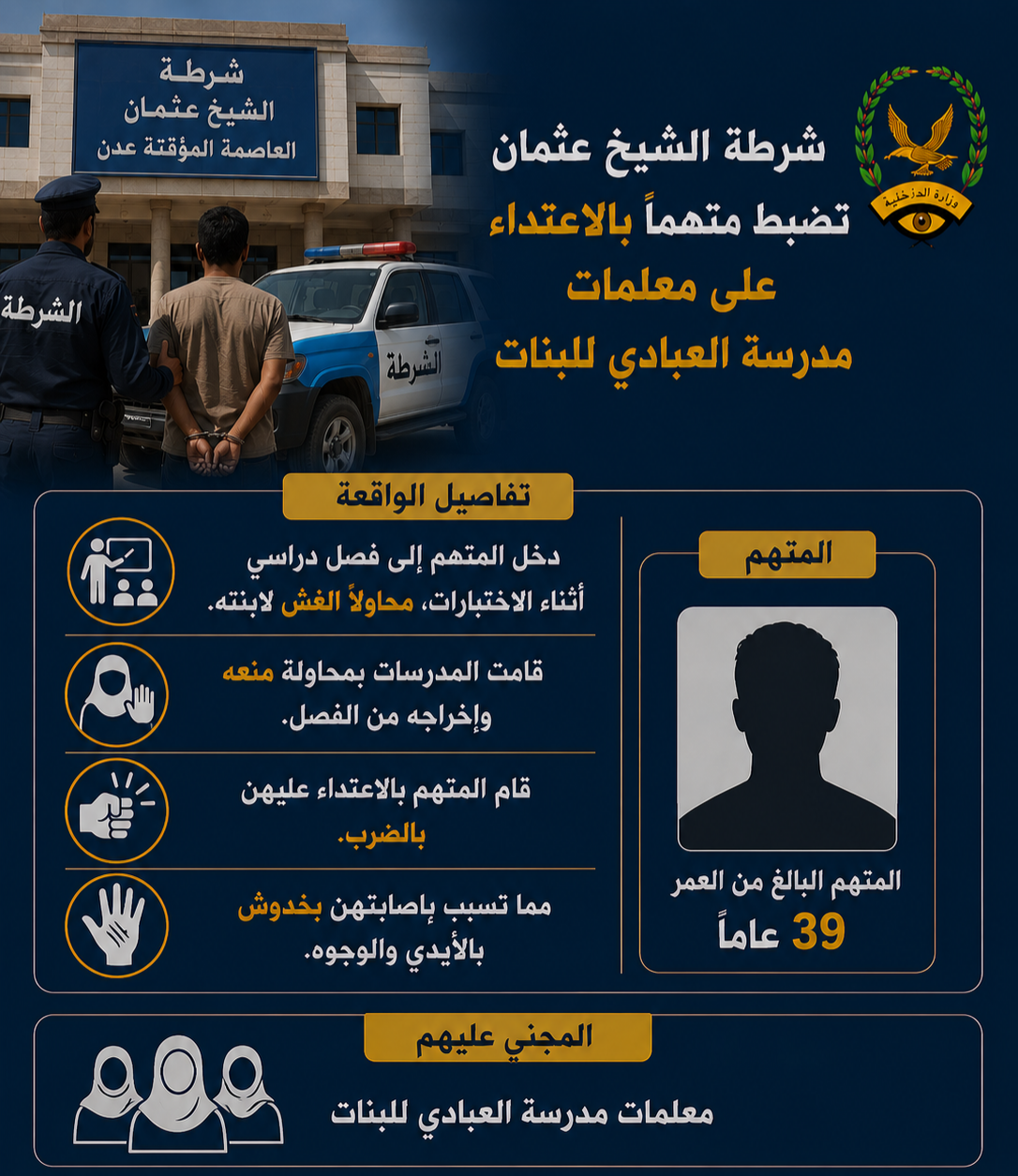 شرطة العاصمة المؤقتة عدن تضبط متهما بالاعتداء على معلمات مدرسة  Image