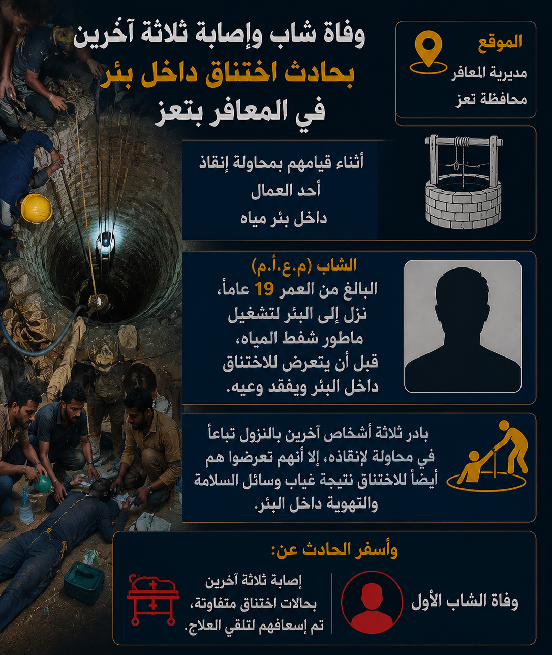 وفاة شاب وإصابة ثلاثة آخرين بحادث اختناق داخل بئر في المعافر بتعز Image