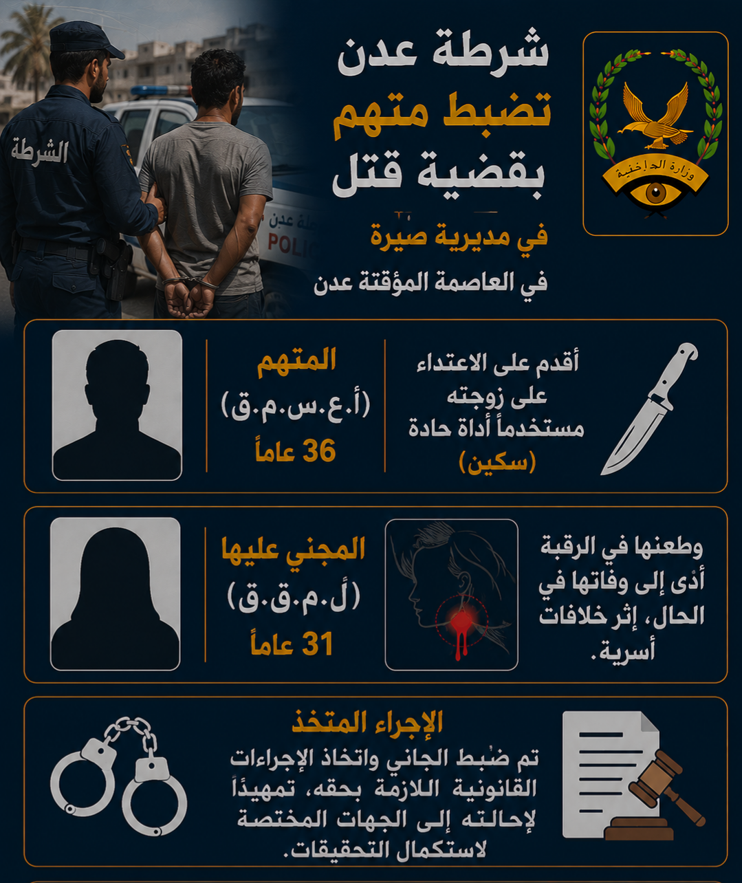 شرطة عدن تضبط متهم بقضية قتل  في مديرية صيرة Image