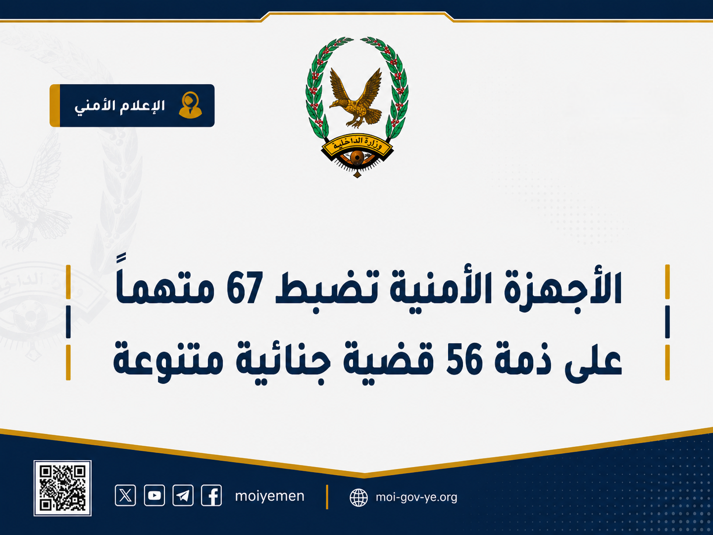 الأجهزة الأمنية تضبط 67 متهماً على ذمة 56 قضية جنائية متنوعة Image